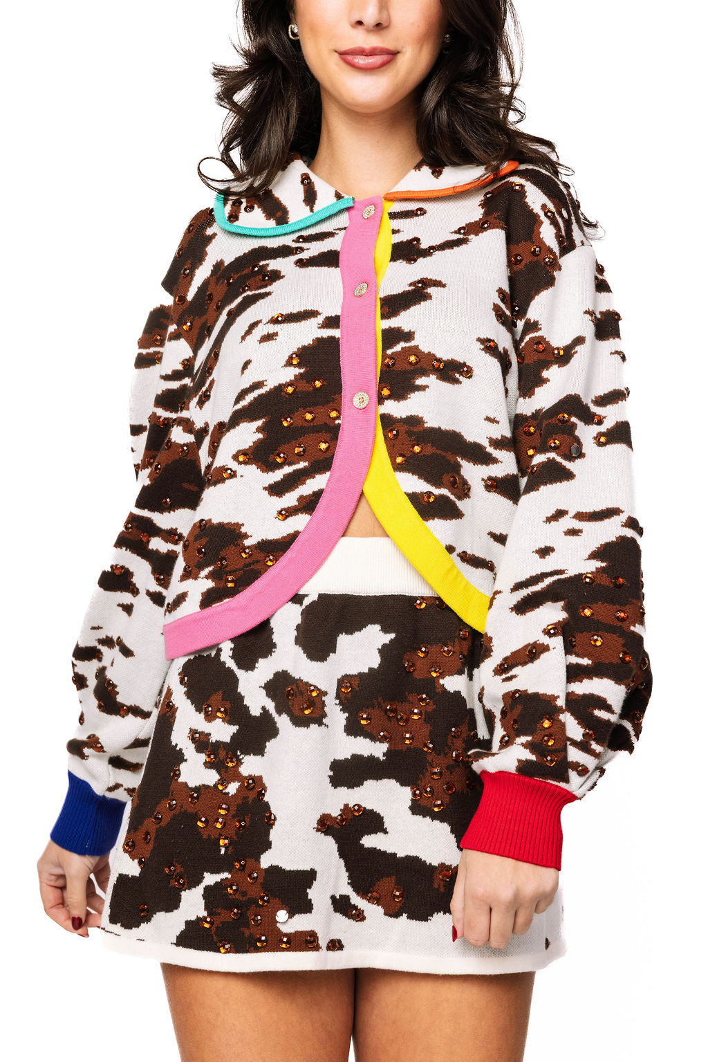 Queen of Sparkles - White & Brown Multi Trim Sequin Cow Print Button Up Cardigan