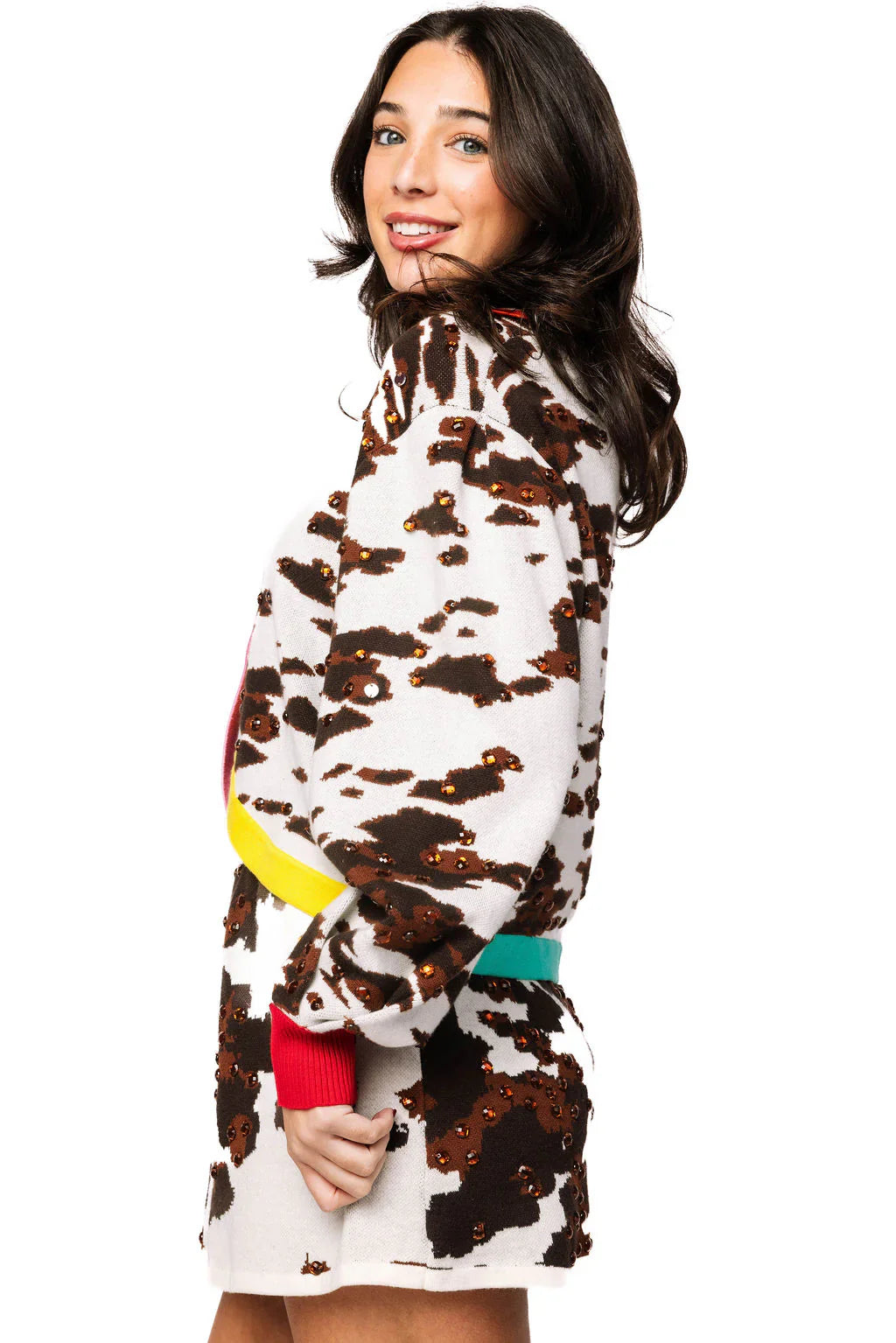 Queen of Sparkles - White & Brown Multi Trim Sequin Cow Print Button Up Cardigan