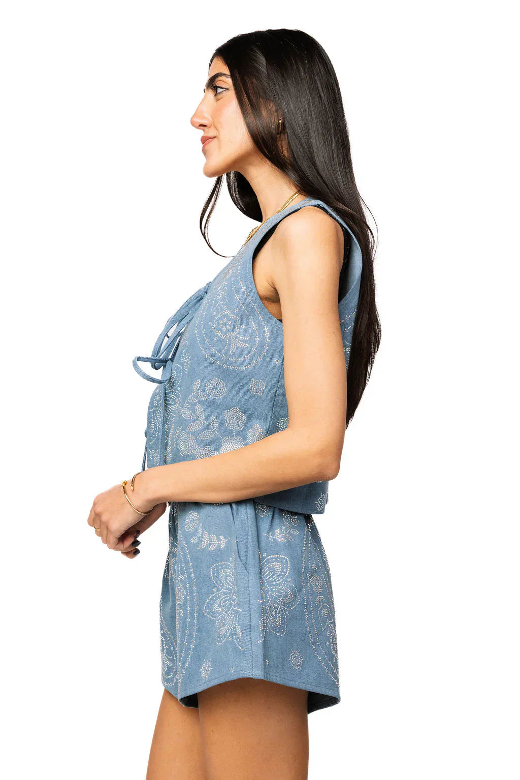 Queen of Sparkles - Denim Sequin Paisley Print Tie Tank