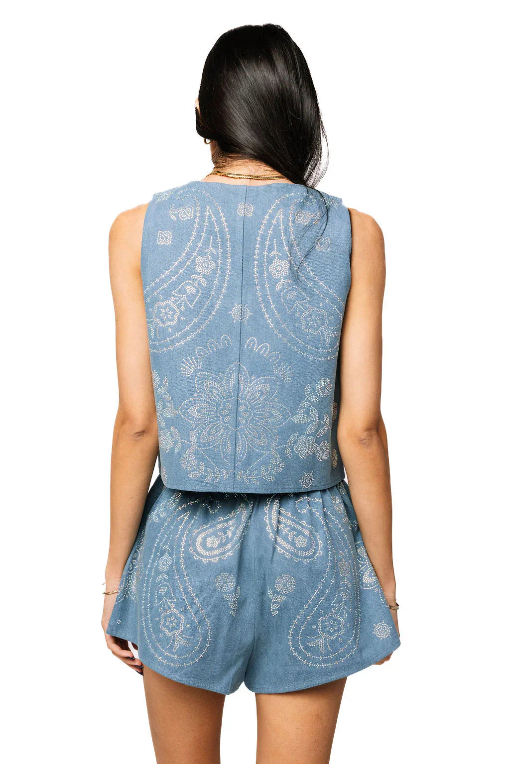 Queen of Sparkles - Denim Sequin Paisley Print Tie Tank