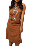 Queen of Sparkles-Brown Multi Turquoise Necklace Tank Midi Dress