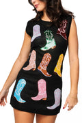 Queen of Sparkles - Black Knit Multi Cowboy Boot Tank Dress
