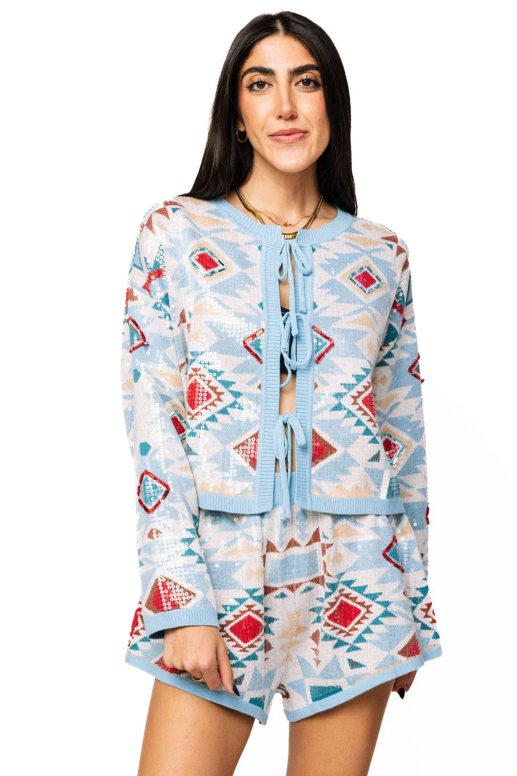 Queen of Sparkles - Blue Multi Sequin Aztec Print Knit Tie Up Sweater