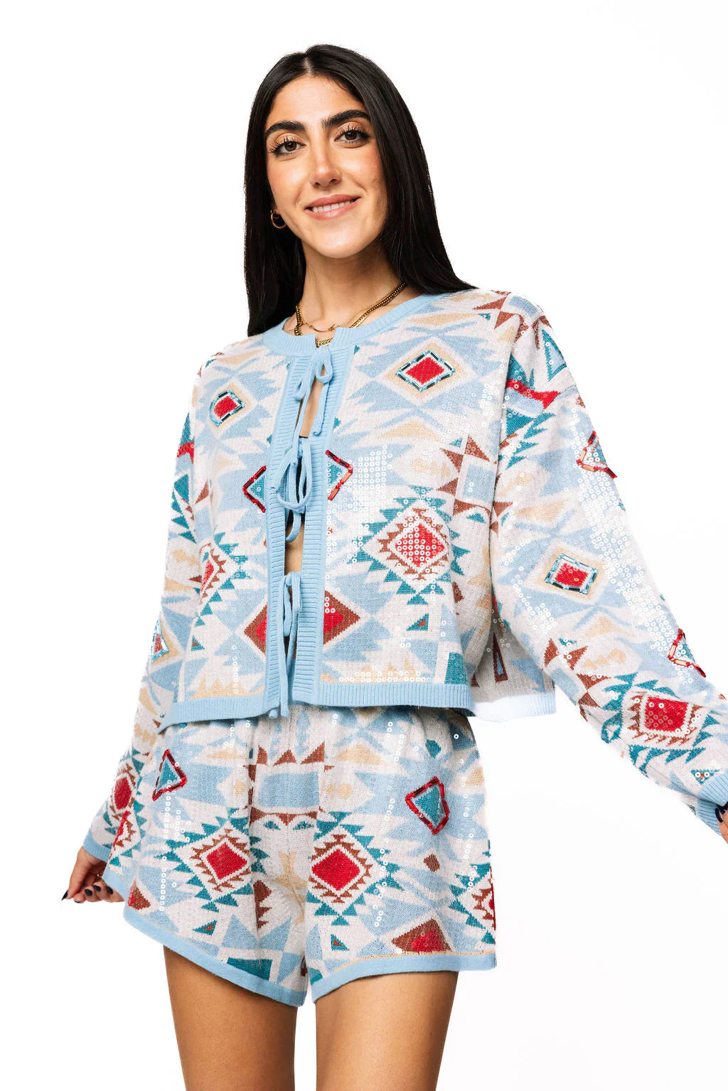 Queen of Sparkles - Blue Multi Sequin Aztec Print Knit Tie Up Sweater