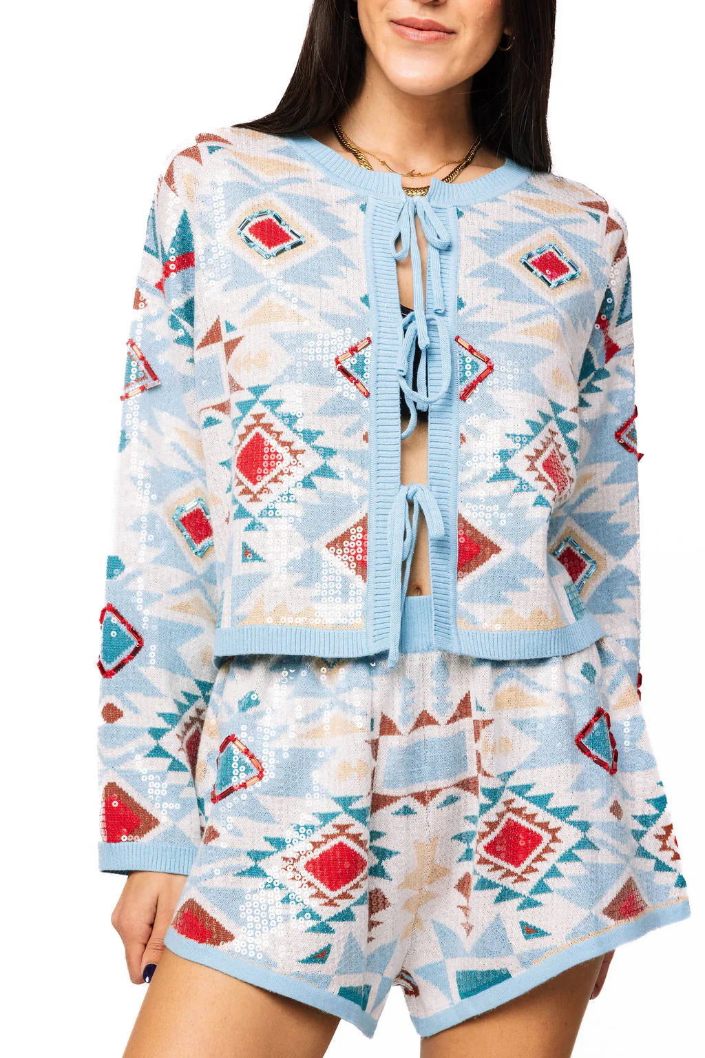 Queen of Sparkles - Blue Multi Sequin Aztec Print Knit Tie Up Sweater
