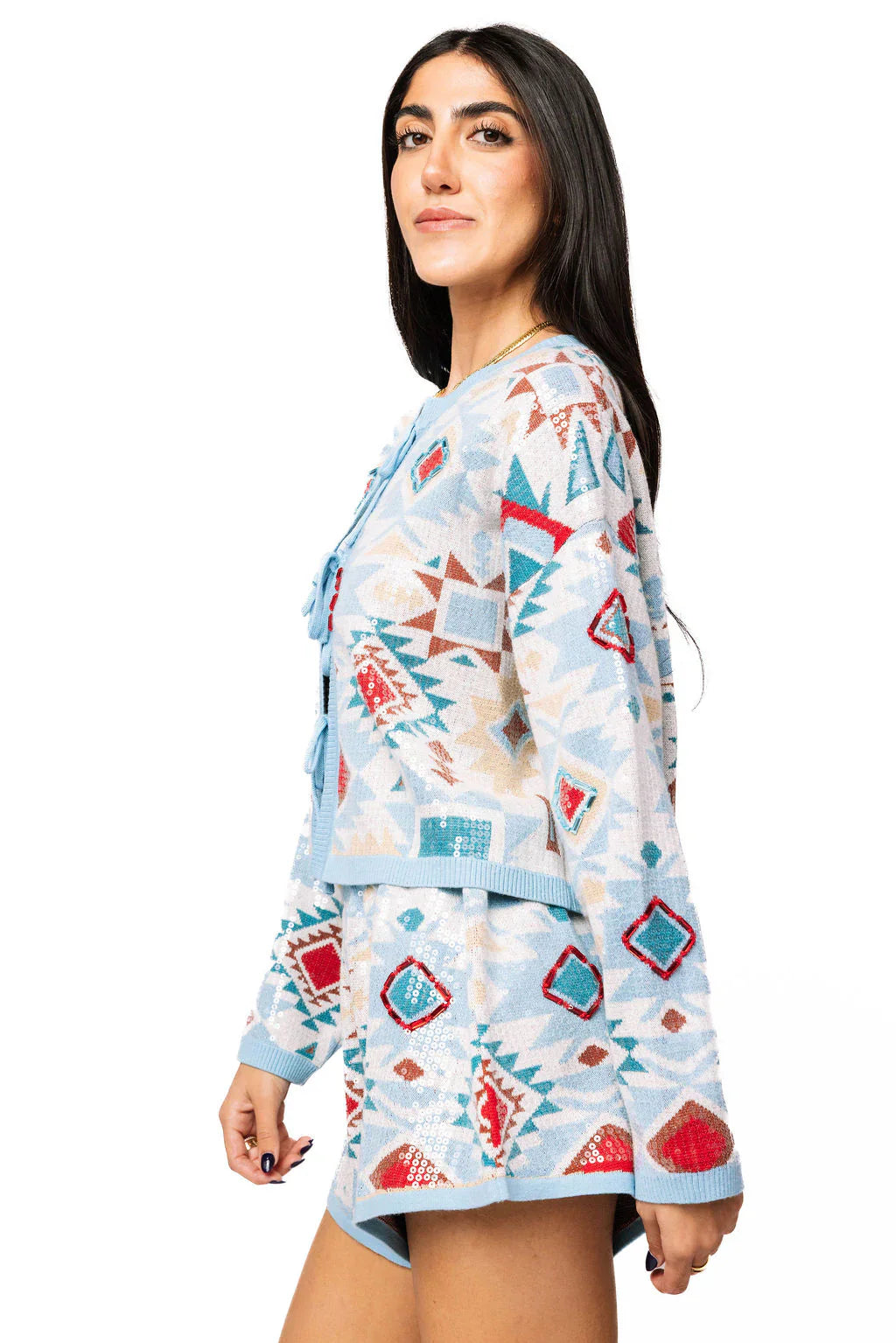 Queen of Sparkles - Blue Multi Sequin Aztec Print Knit Tie Up Sweater