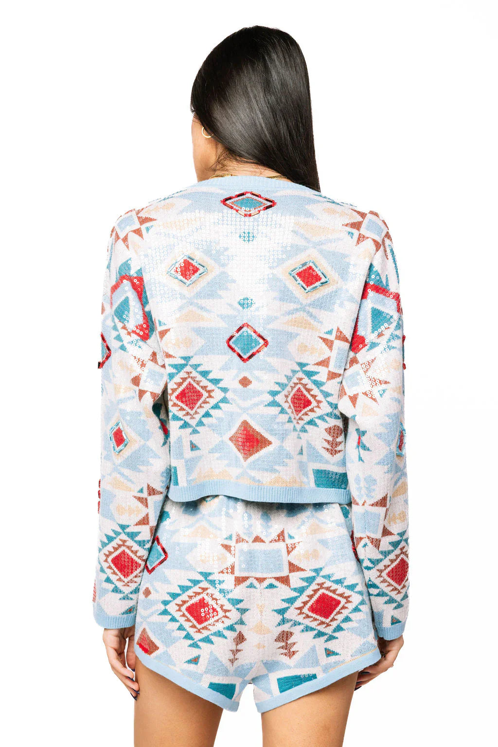 Queen of Sparkles - Blue Multi Sequin Aztec Print Knit Tie Up Sweater