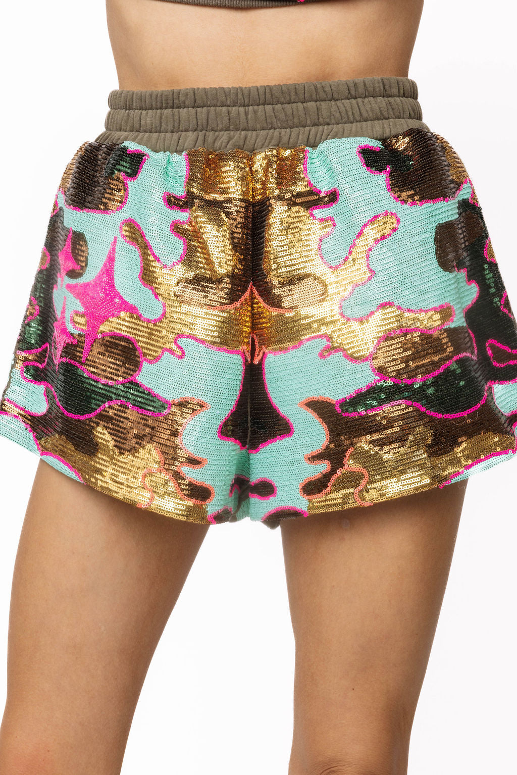 Queen of Sparkles Mint Sequin Camo Shorts