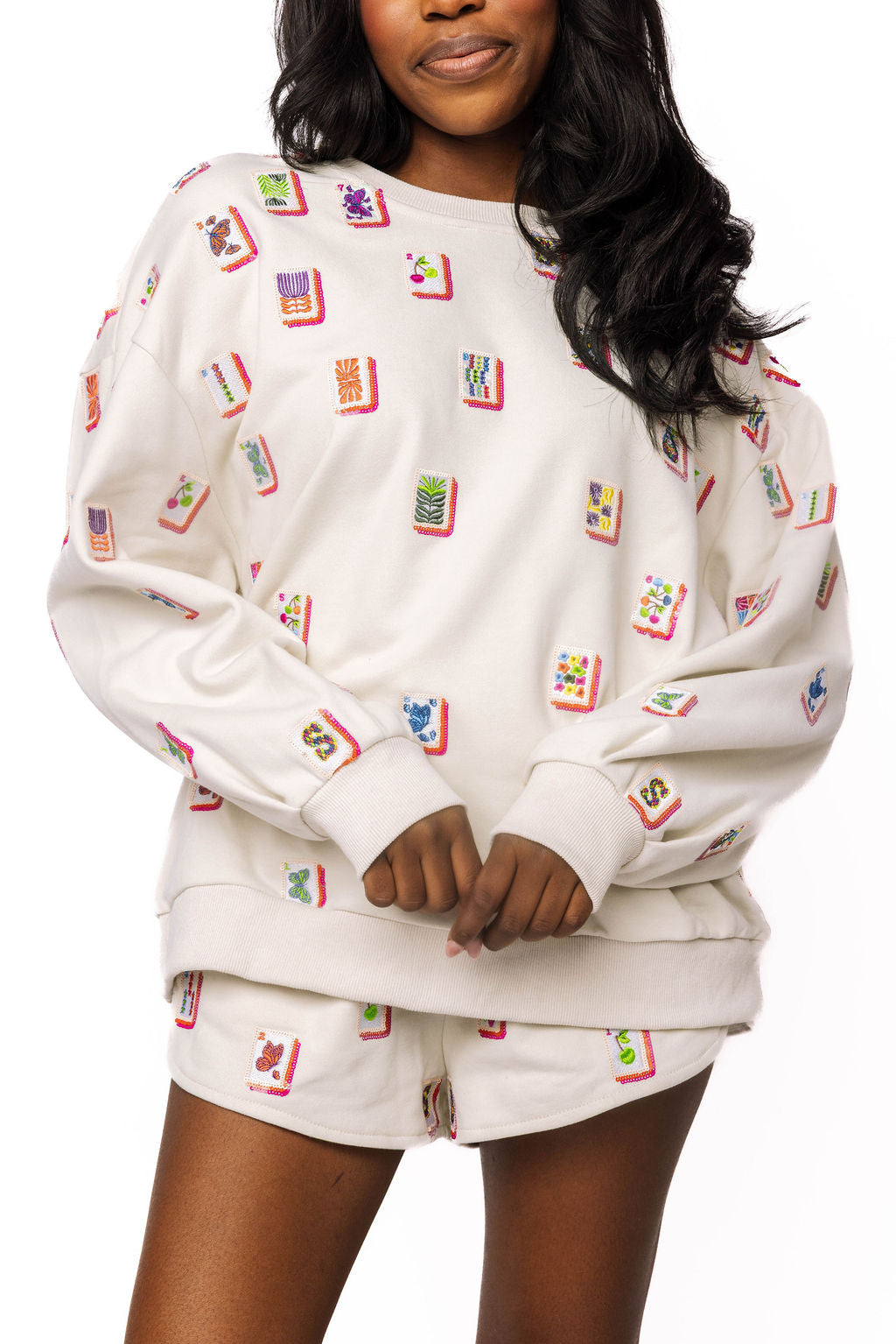 Queen Of Sparkles Beige Multi Mahjong Tiles Sweatshirt
