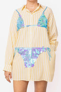 Queen of Sparkles Yellow Striped Blue Paillette Bikini Tunic