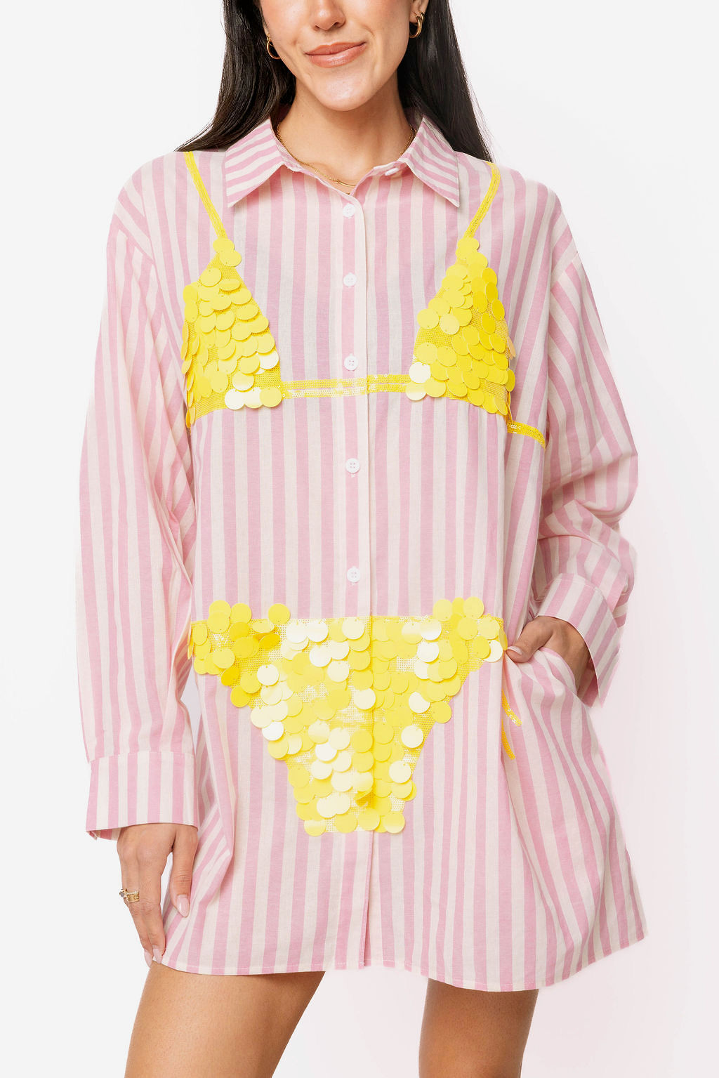 Queen of Sparkles Pink Striped Yellow Paillette Bikini Tunic