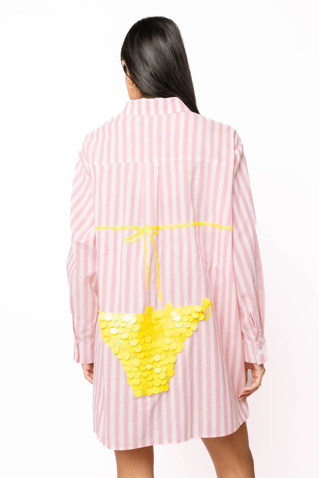 Queen of Sparkles Pink Striped Yellow Paillette Bikini Tunic