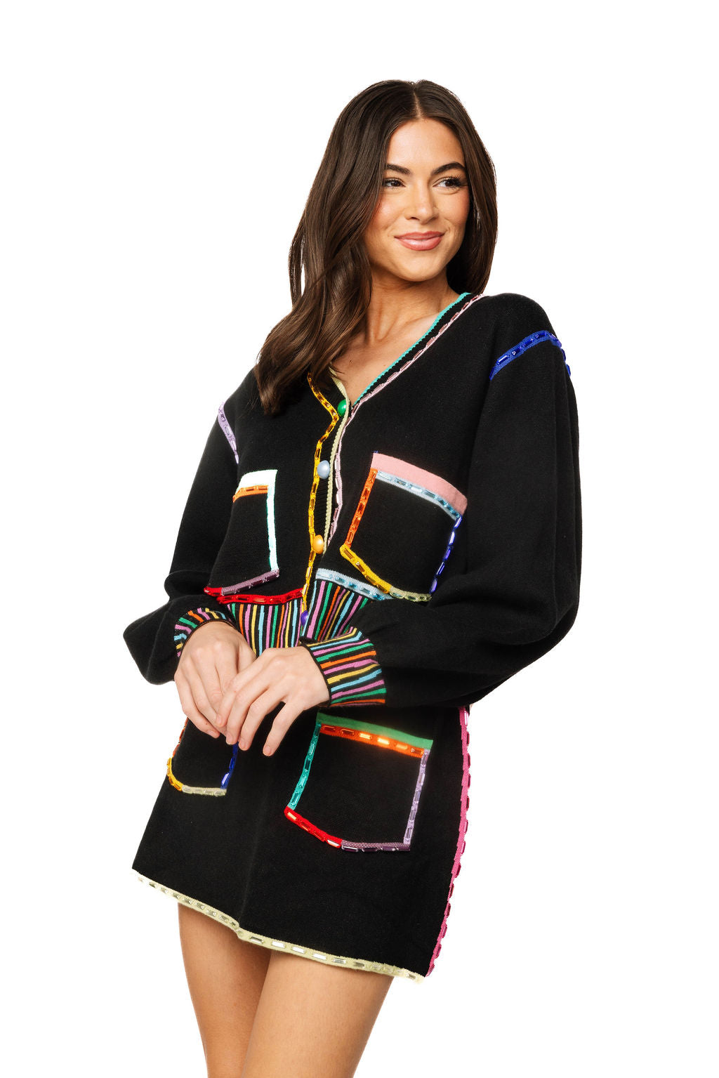 Queen of Sparkles Black Cardigan Rainbow Trim