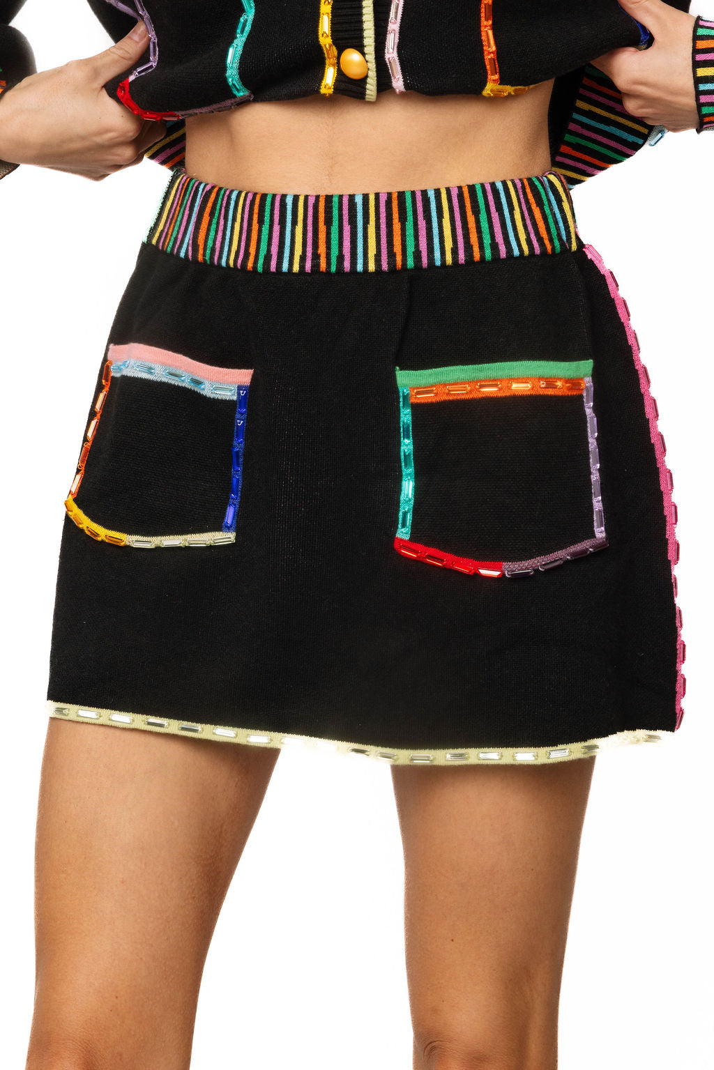 Queen of Sparkles Black Sweater Skirt Rainbow Trim