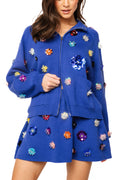 Queen of Sparkles Blue Zip Up Multi Flower Jacket