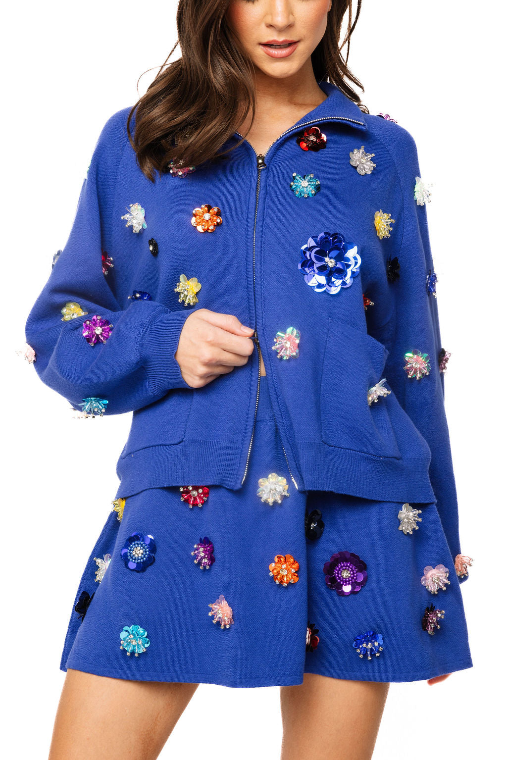 Queen of Sparkles Blue Zip Up Multi Flower Jacket