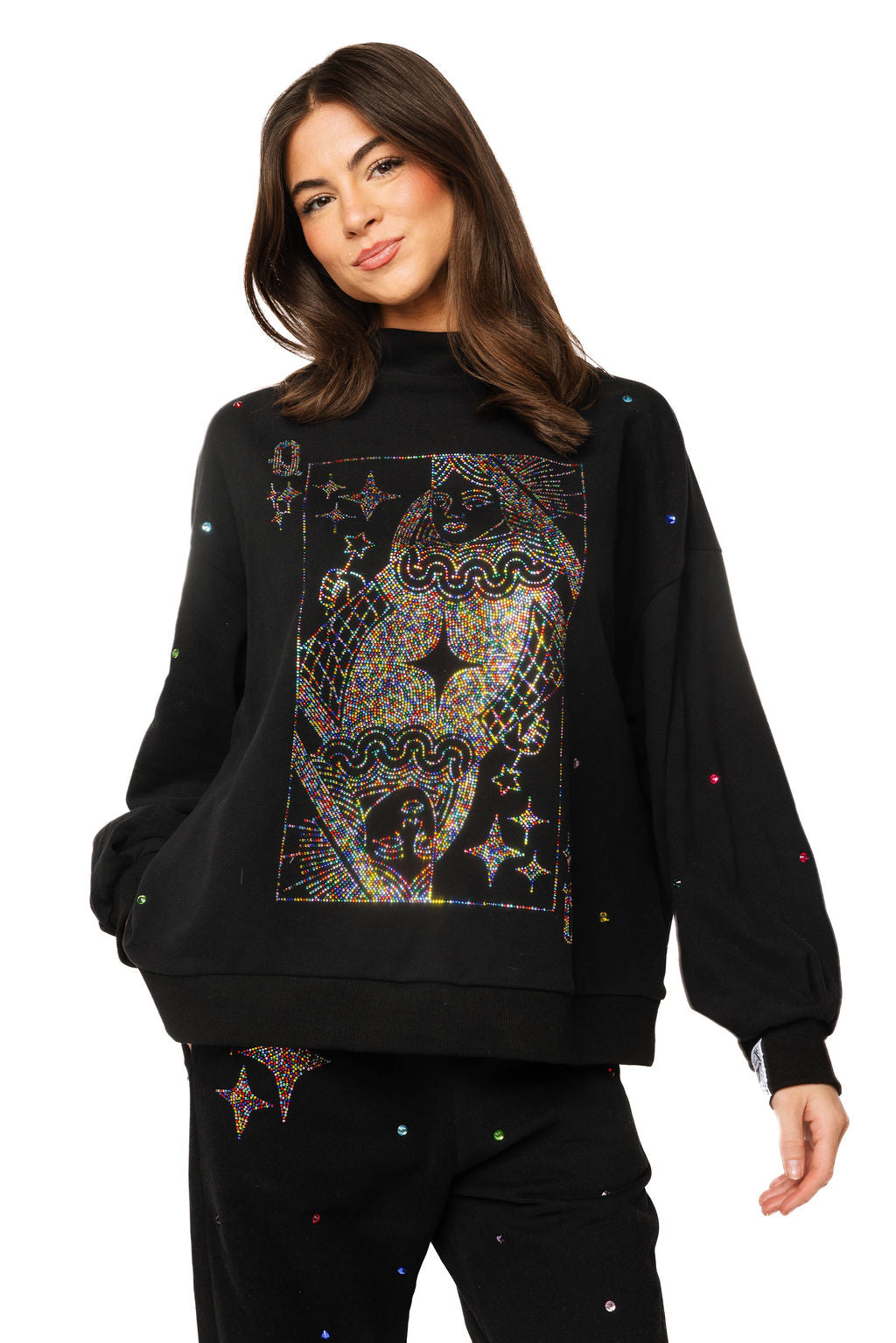 Queen of Sparkles Black, Multi Rhinestone Card Sweatshirt