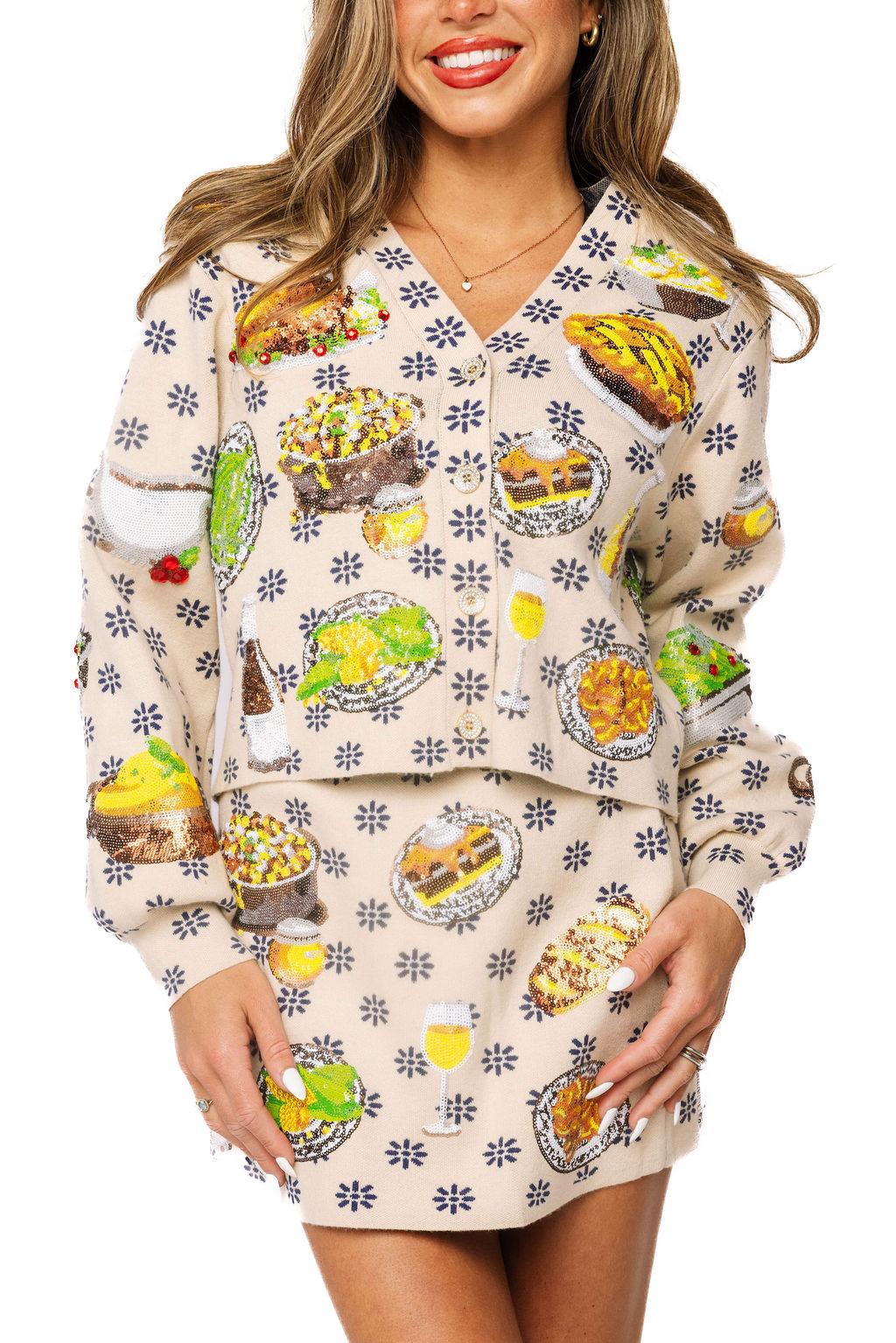 Queen of Sparkles Ivory Flower Print Thanksgiving Meal Button Up Cardigan 