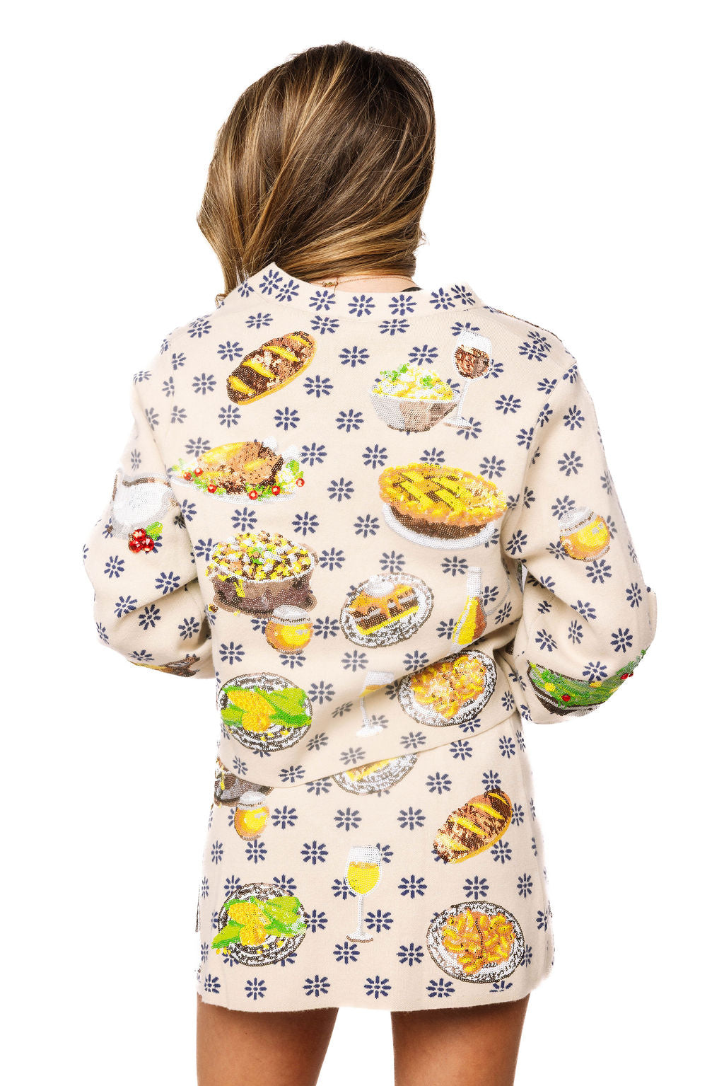 Queen of Sparkles Ivory Flower Print Thanksgiving Meal Button Up Cardigan 