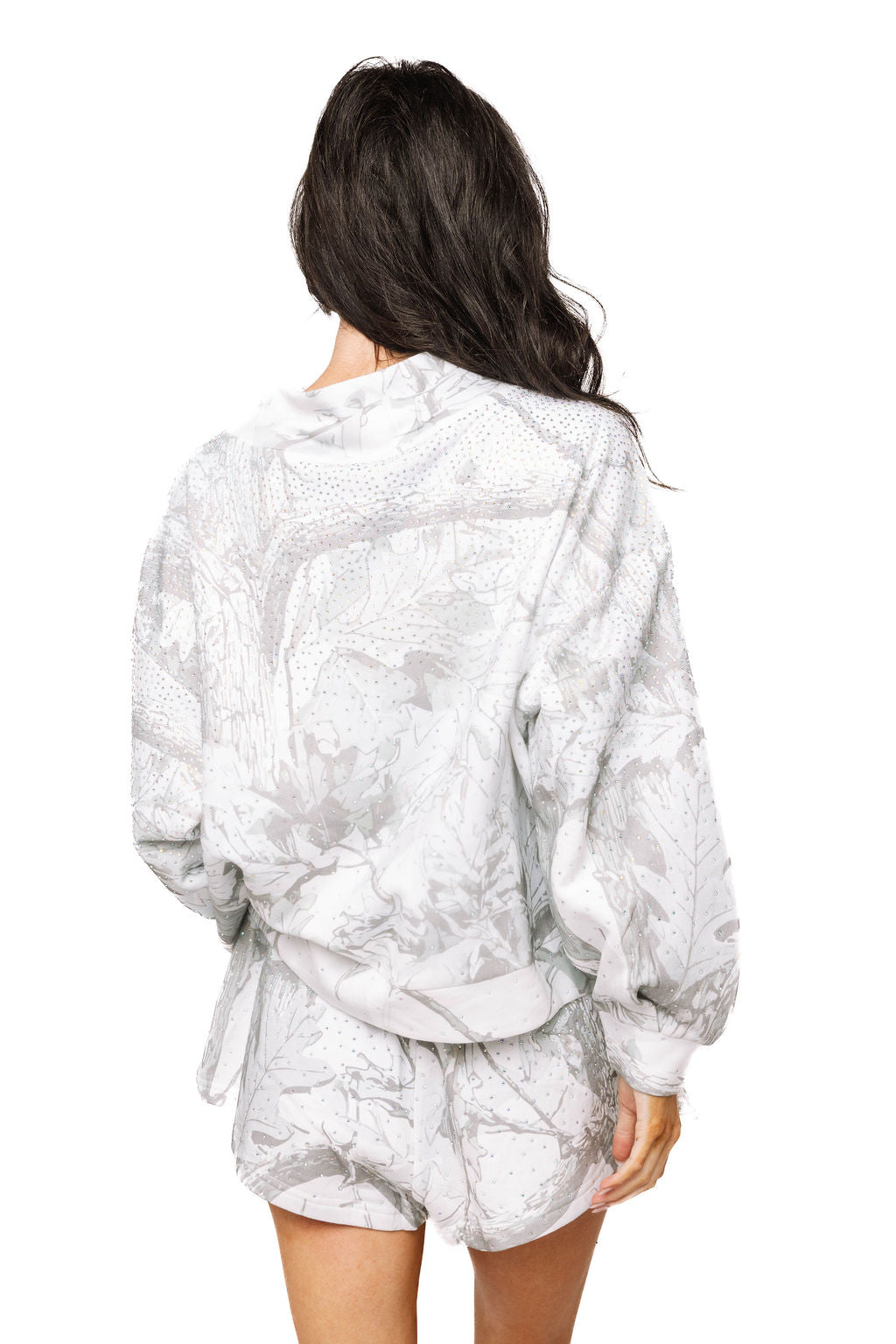 Queen of Sparkles White and Grey Rhinestone Forest Camo Mockneck Sweatshirt