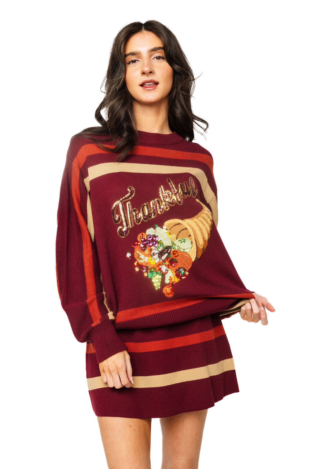 Queen of Sparkles Maroon 'Thanksgiving' Cornucopia Stripe Sweater