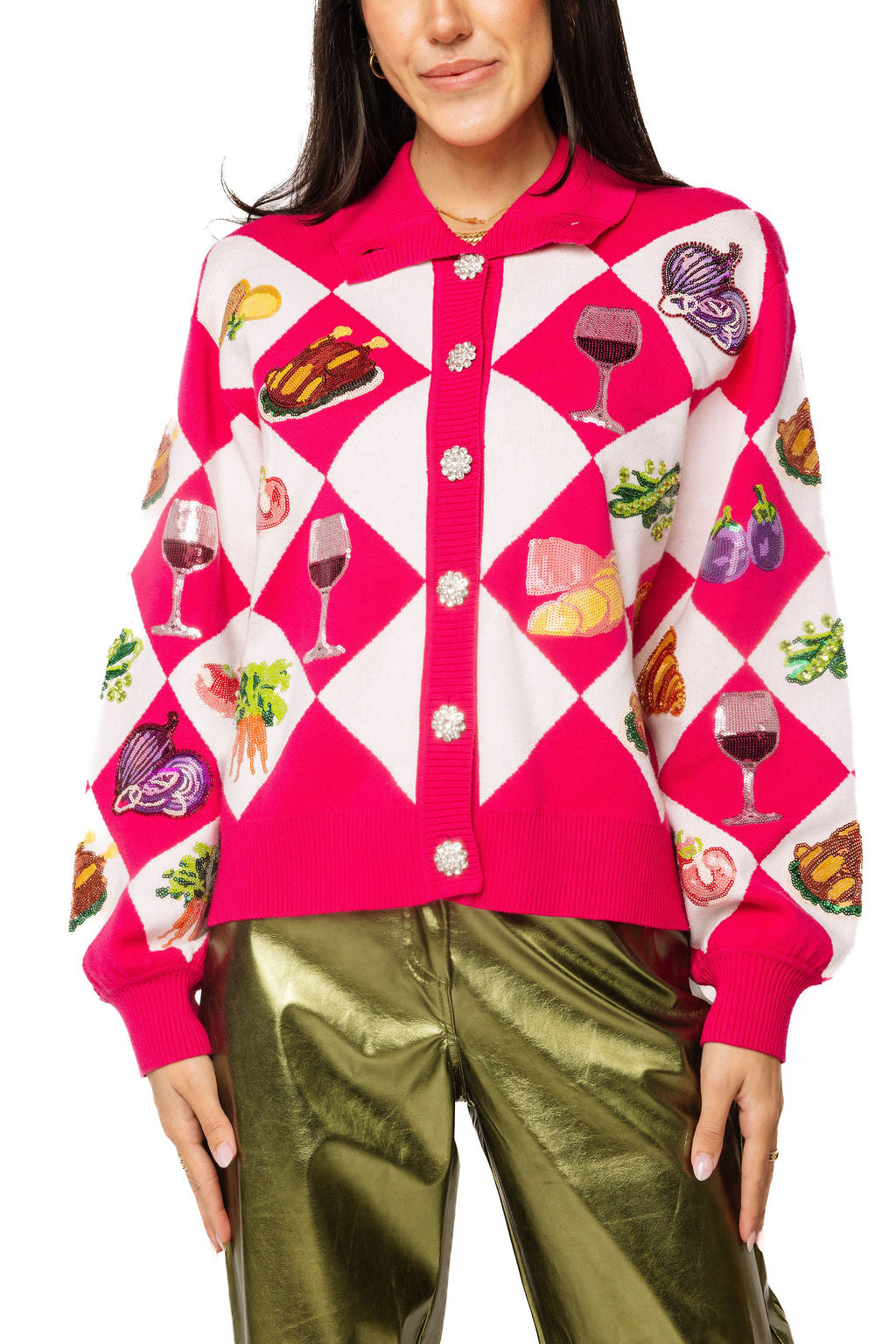 Queen of Sparkles Hot Pink Checkered Thanksgiving Meal Cardigan