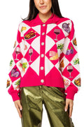 Queen of Sparkles Hot Pink Checkered Thanksgiving Meal Cardigan