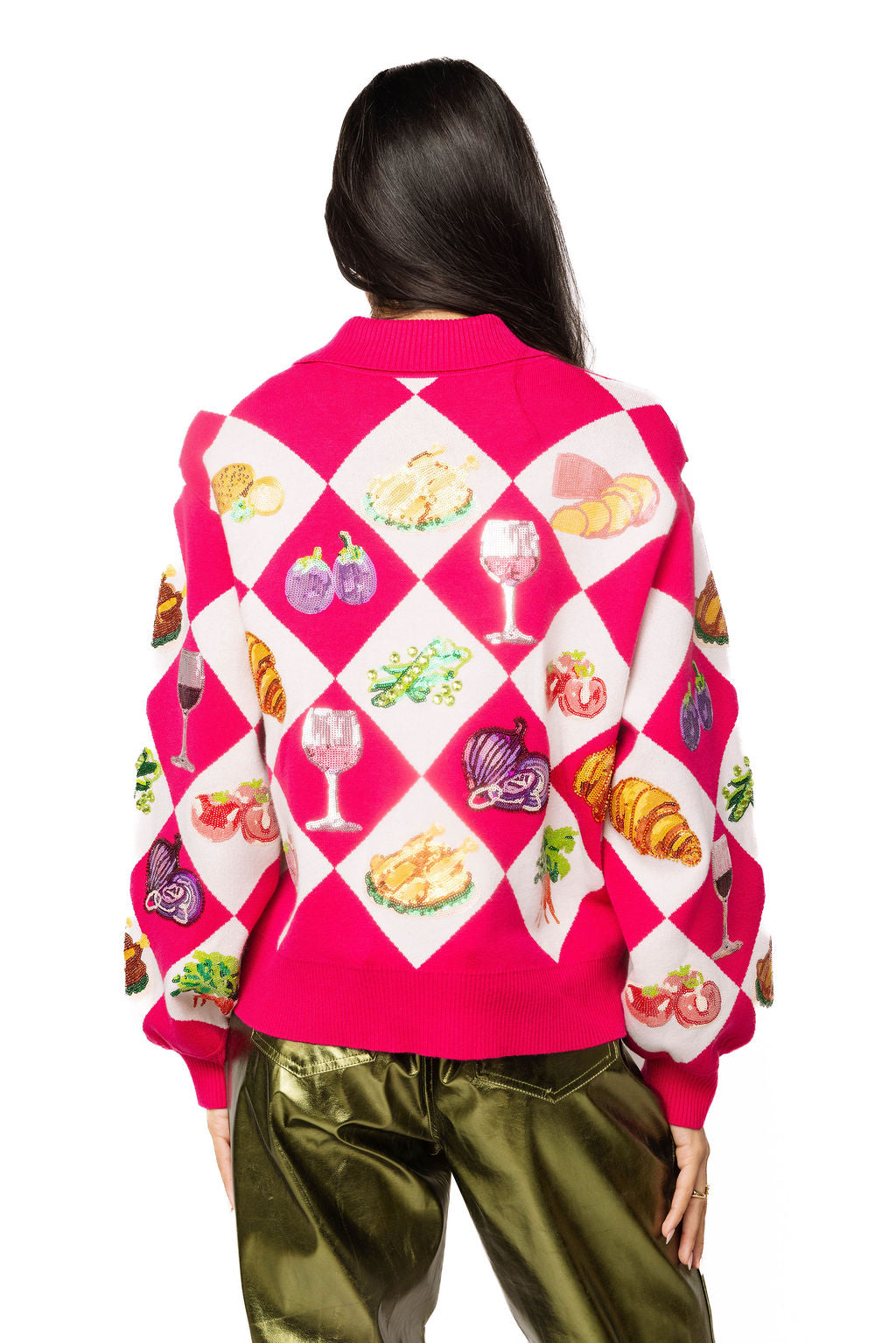 Queen of Sparkles Hot Pink Checkered Thanksgiving Meal Cardigan
