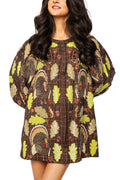 Queen of Sparkles Brown Plaid Turkey & Leaves Button Up Long Sleeve Dress