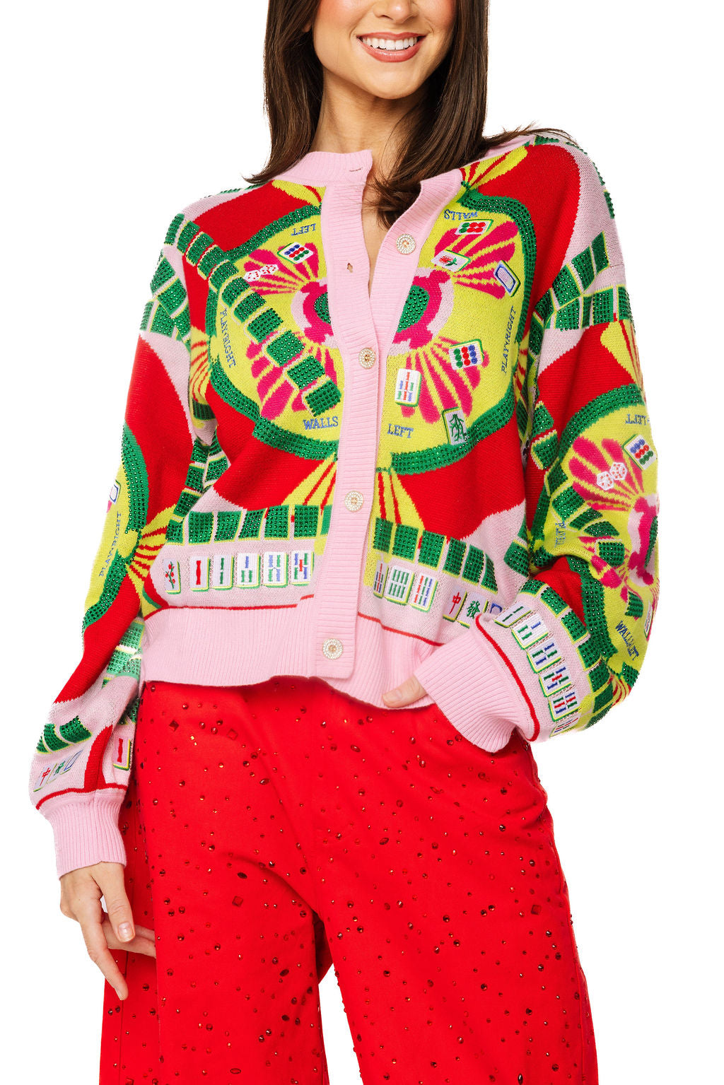 Queen of Sparkles Mahjong Table and Tiles Pink Red Cardigan