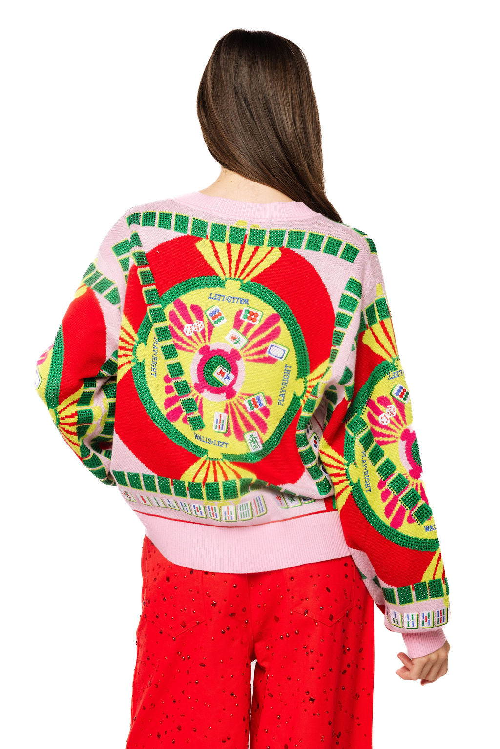 Queen of Sparkles Mahjong Table and Tiles Pink Red Cardigan
