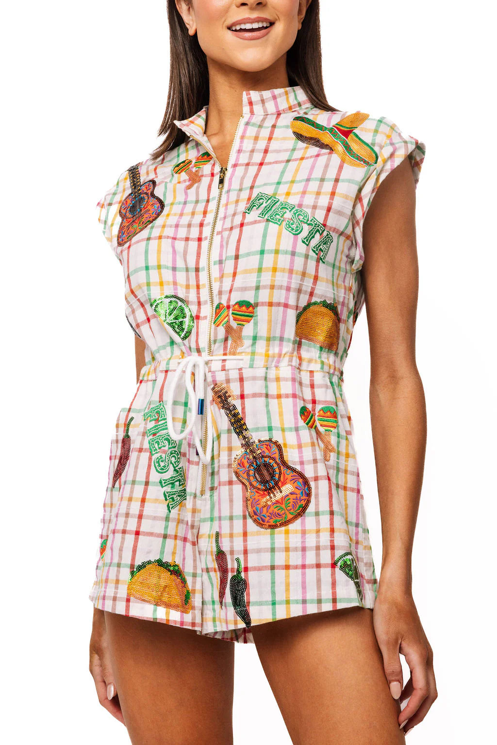 Queen of Sparkles Rainbow Plaid Cinco de Mayo Icon Zip Up Cotton Romper