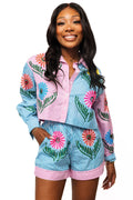 Queen of Sparkles Pink & Blue Striped Cinco Flowers Short