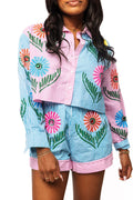 Queen of Sparkles Pink & Blue Striped Cinco Flowers Button Up Collar Top