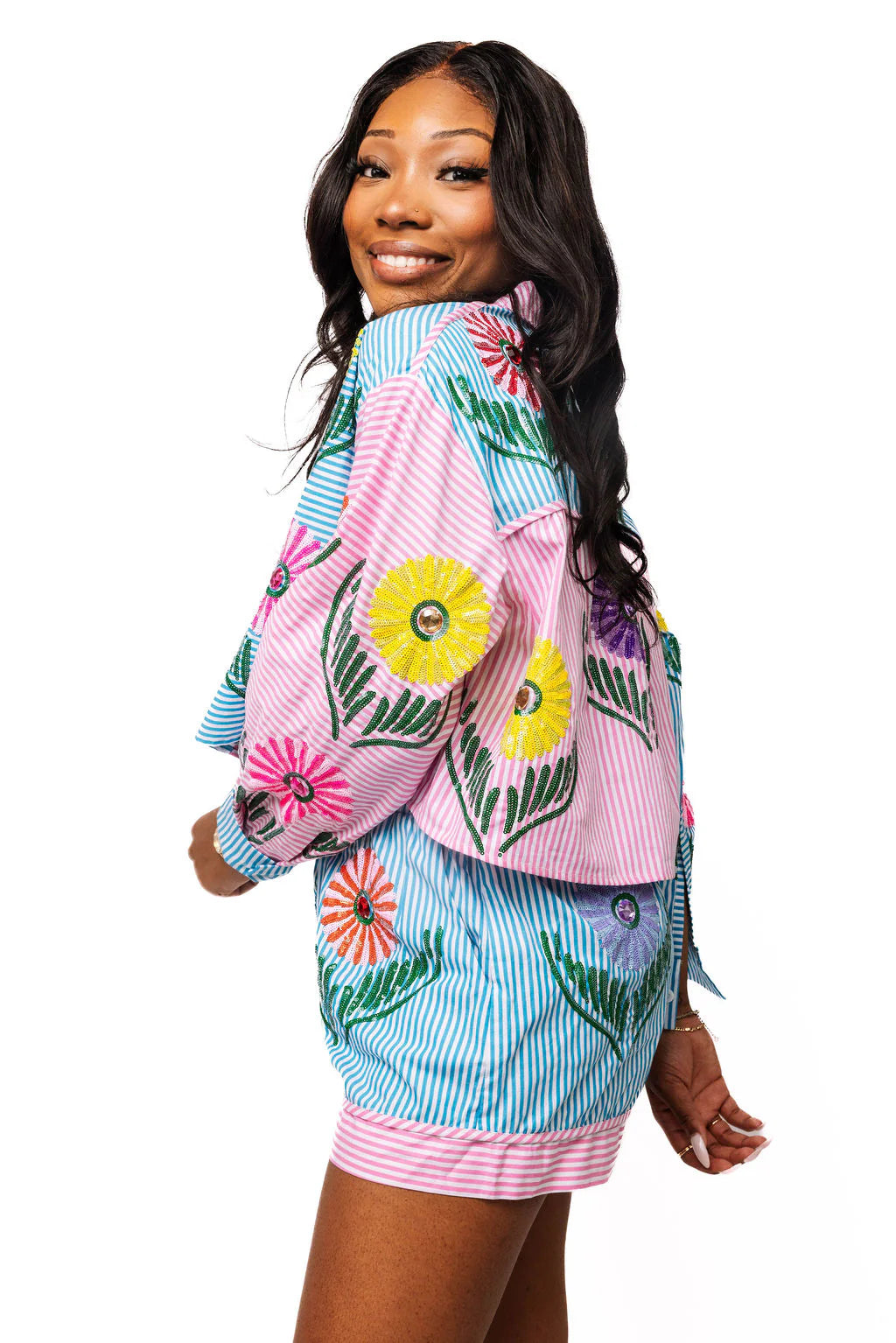 Queen of Sparkles Pink & Blue Striped Cinco Flowers Button Up Collar Top