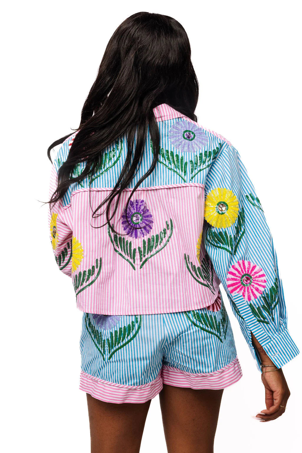 Queen of Sparkles Pink & Blue Striped Cinco Flowers Short