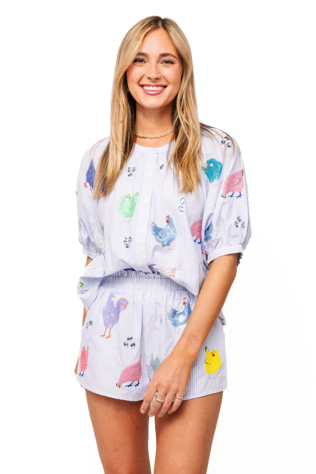 Queen of Sparkles Light Blue Stripe Multi Chicken Button Up Cotton Top