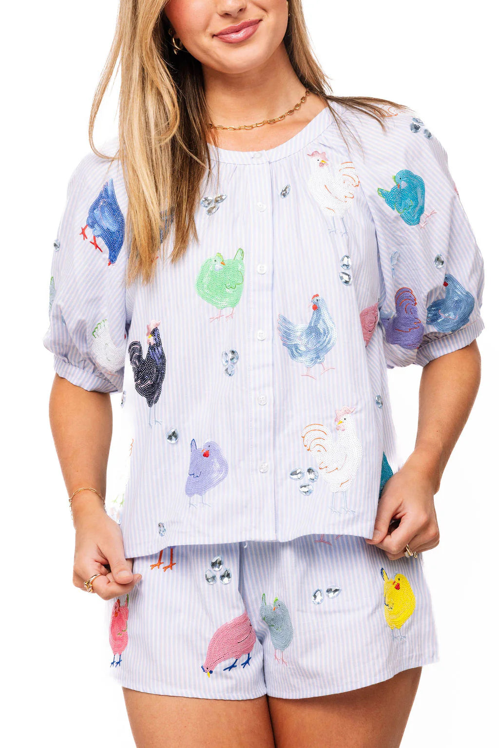 Queen of Sparkles Light Blue Stripe Multi Chicken Button Up Cotton Top