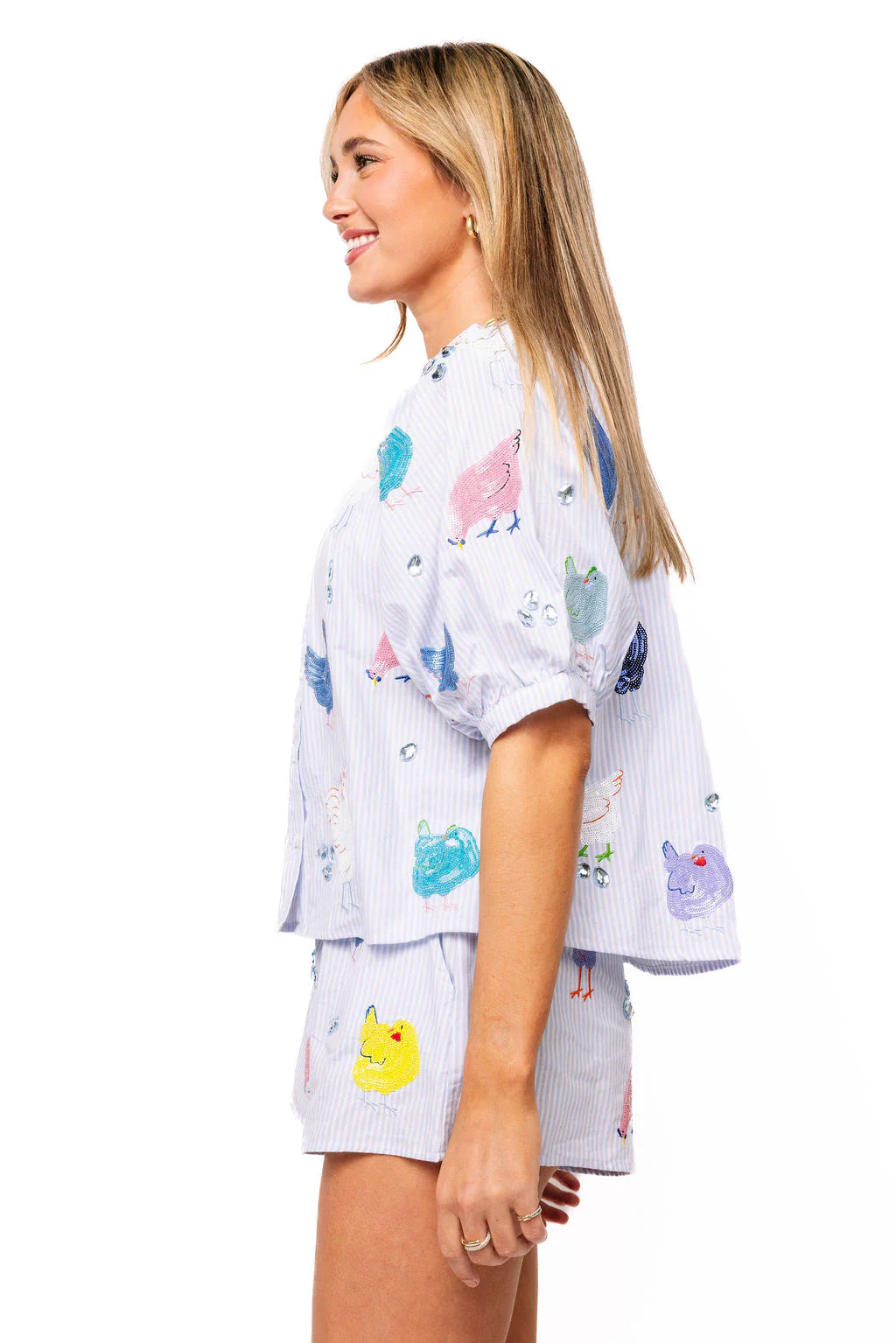 Queen of Sparkles Light Blue Stripe Multi Chicken Button Up Cotton Top