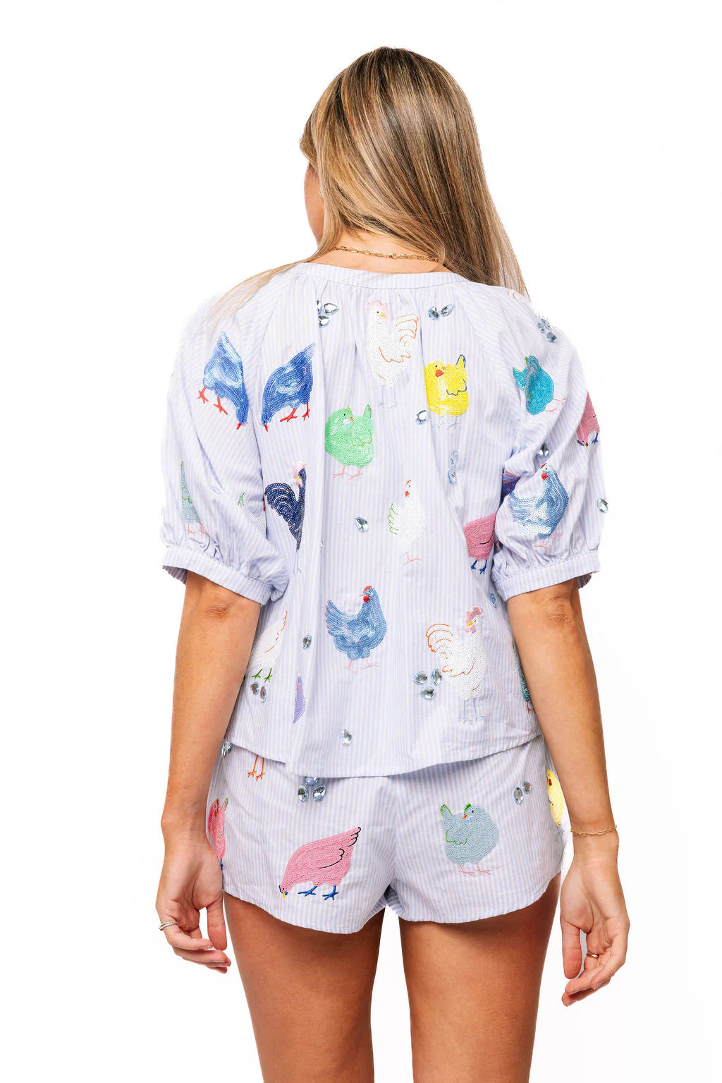Queen of Sparkles Light Blue Stripe Multi Chicken Button Up Cotton Top