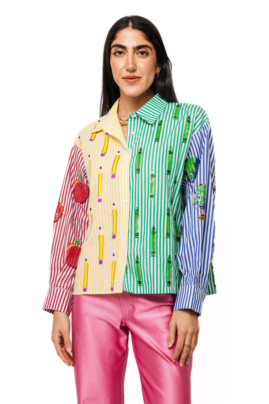 Queen of Sparkles Colorblock Stripe Teacher Icon Button Up Cotton Top