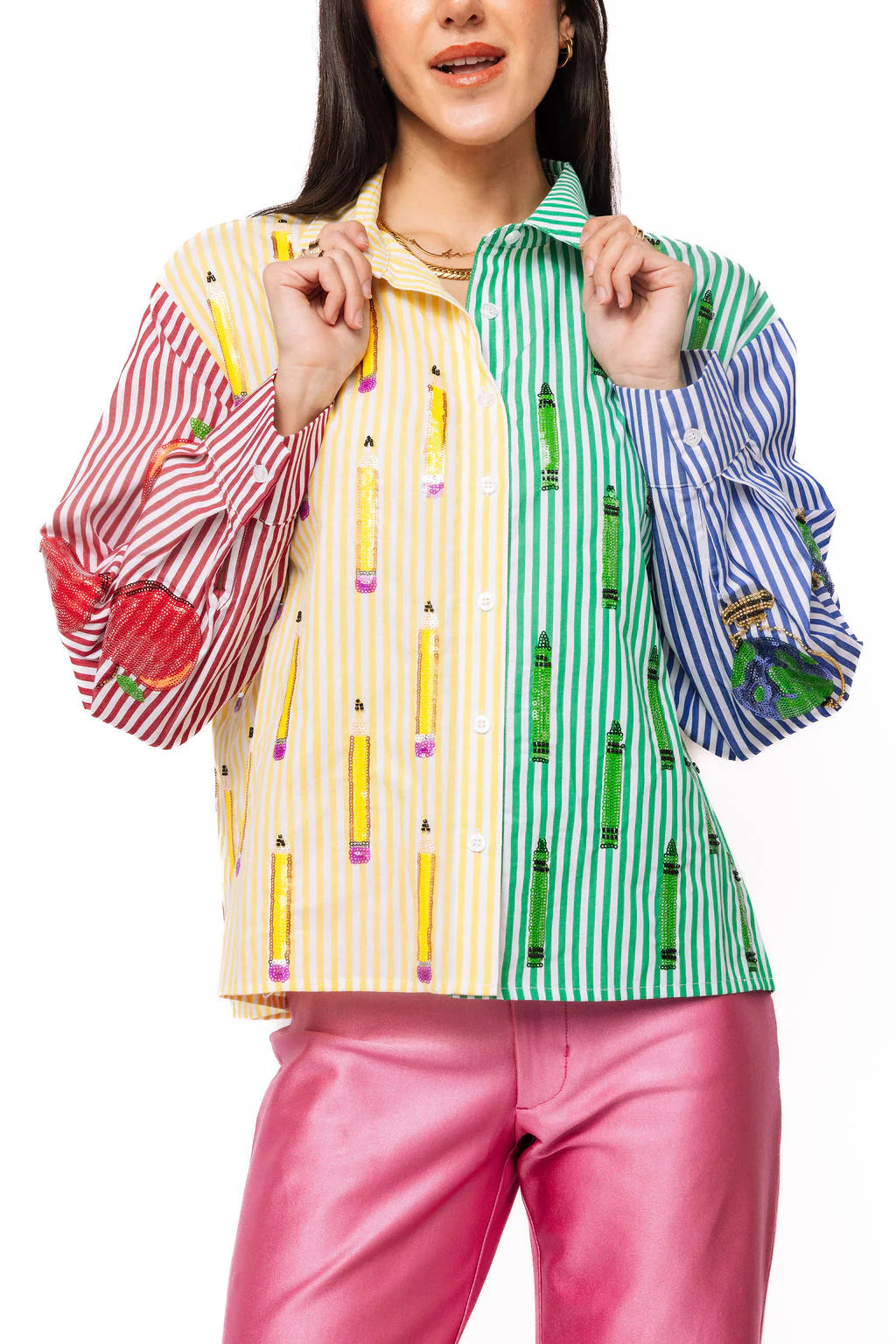 Queen of Sparkles Colorblock Stripe Teacher Icon Button Up Cotton Top