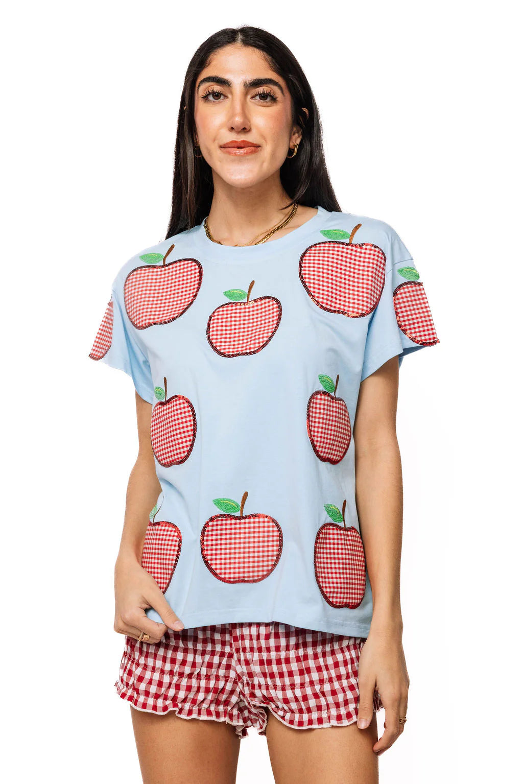 Queen of Sparkles Light Blue & Red Gingham Apple Tee