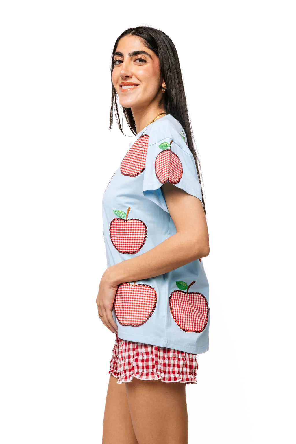 Queen of Sparkles Light Blue & Red Gingham Apple Tee