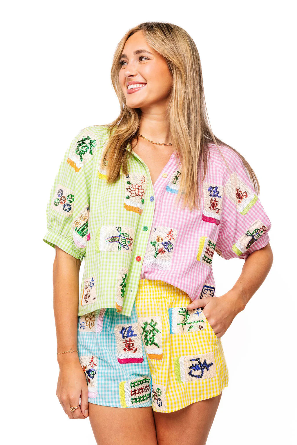 Queen of Sparkles Colorblock Gingham Mahjong Tile Button Up Top