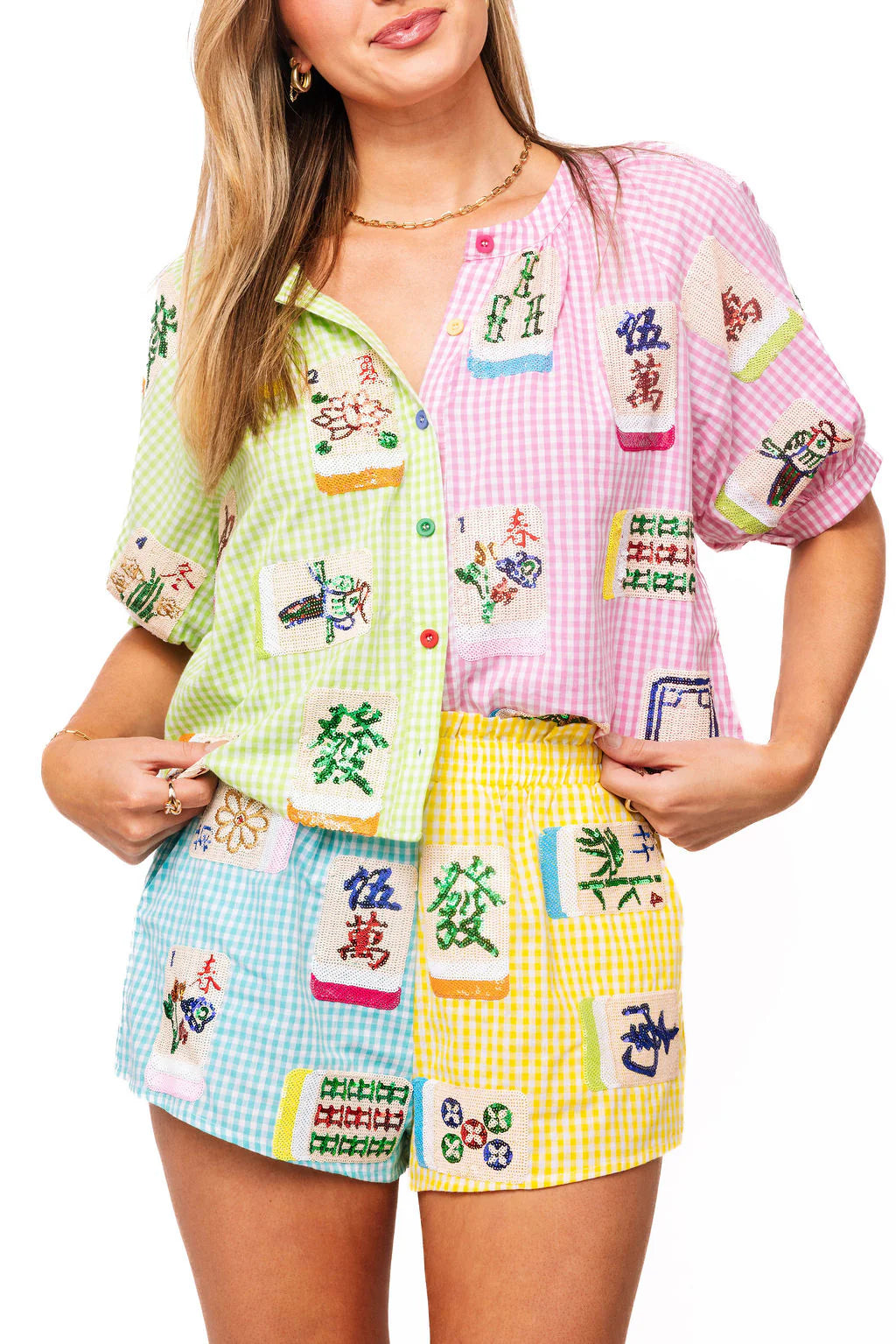 Queen of Sparkles Colorblock Gingham Mahjong Tile Button Up Top