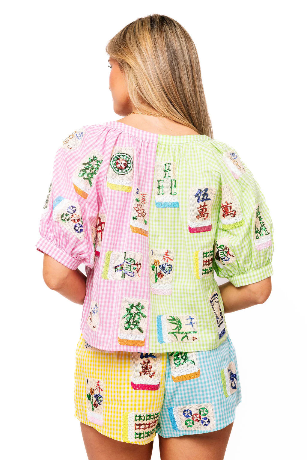 Queen of Sparkles Colorblock Gingham Mahjong Tile Button Up Top