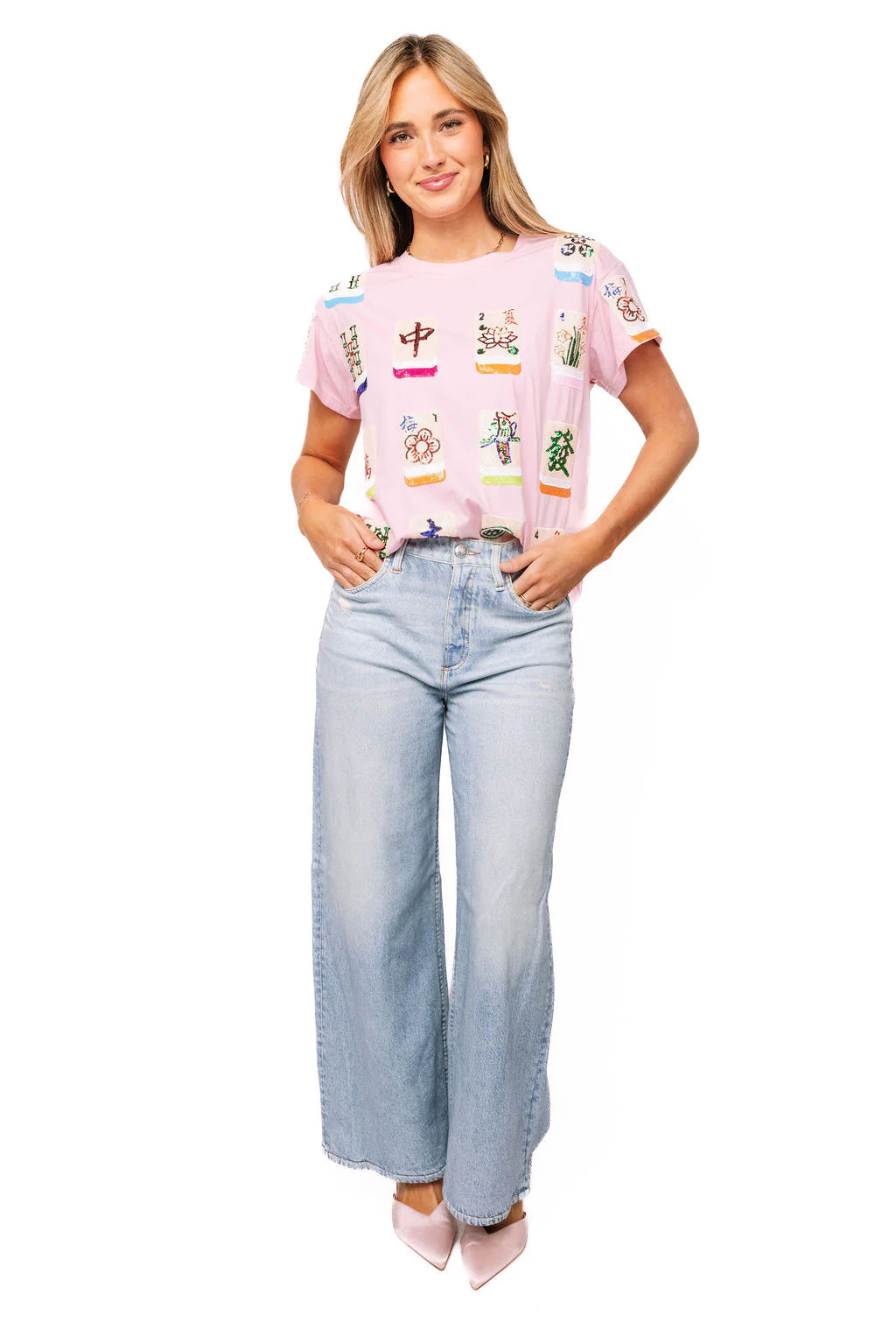Queen of Sparkles Light Pink Scattered Mahjong Tee