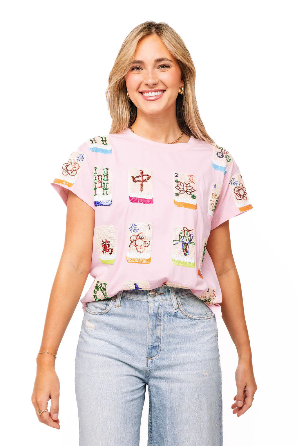Queen of Sparkles Light Pink Scattered Mahjong Tee