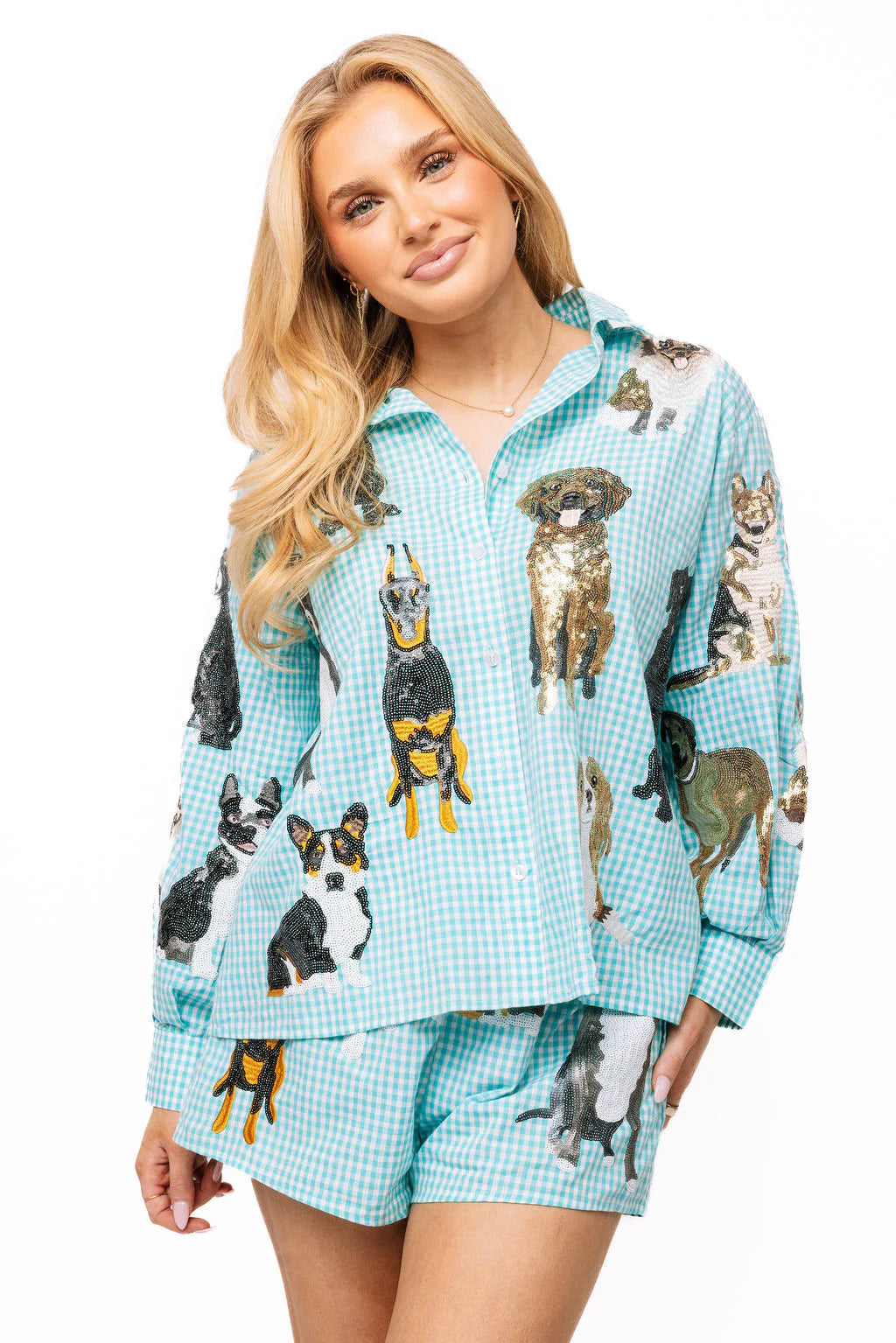 Queen of Sparkles Aqua Gingham Queen of Dogs Button Up Long Sleeve Top